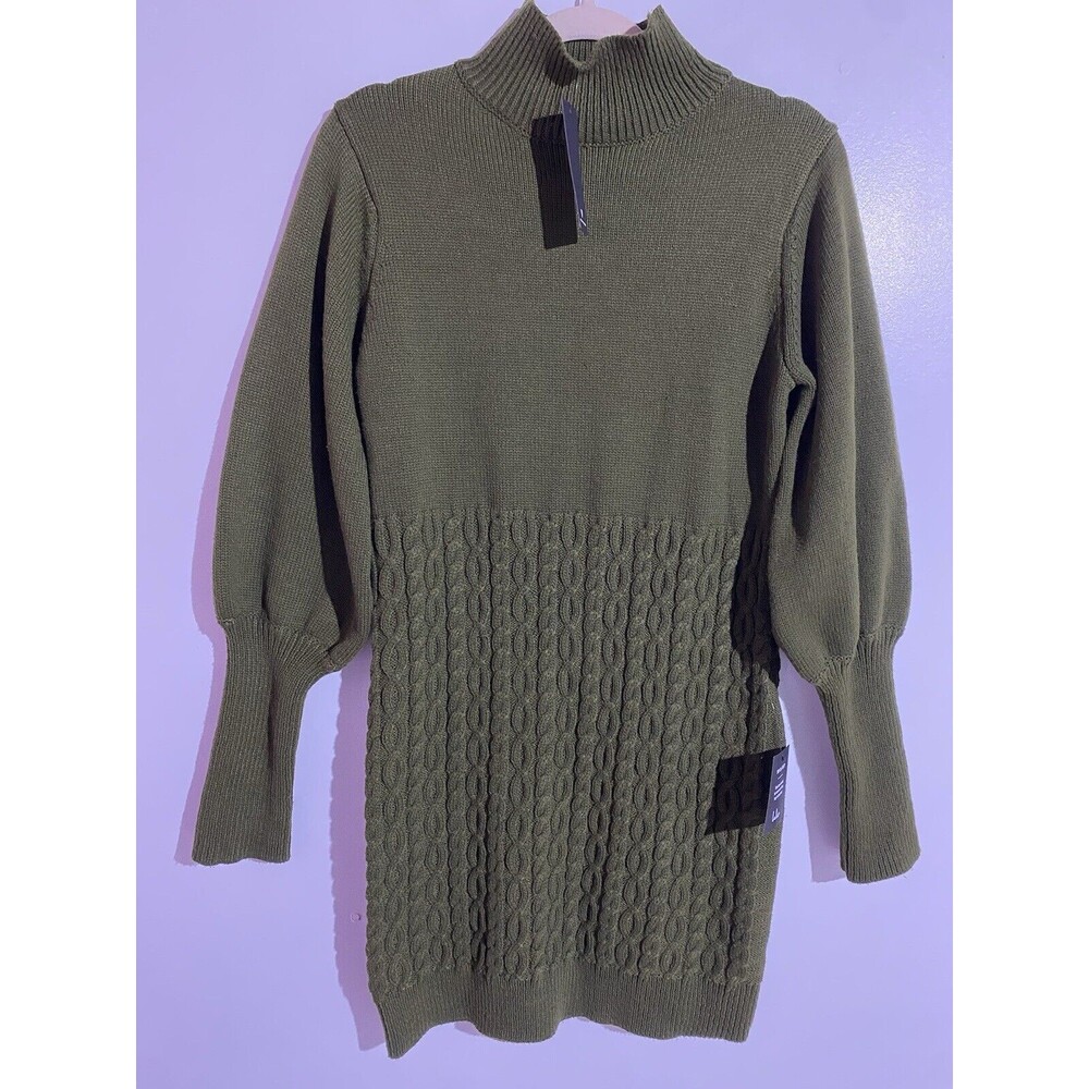 Lulus Sweater Dress M Green Cable Balloon‎ Sleeve Bodycon Academia Travel Fall